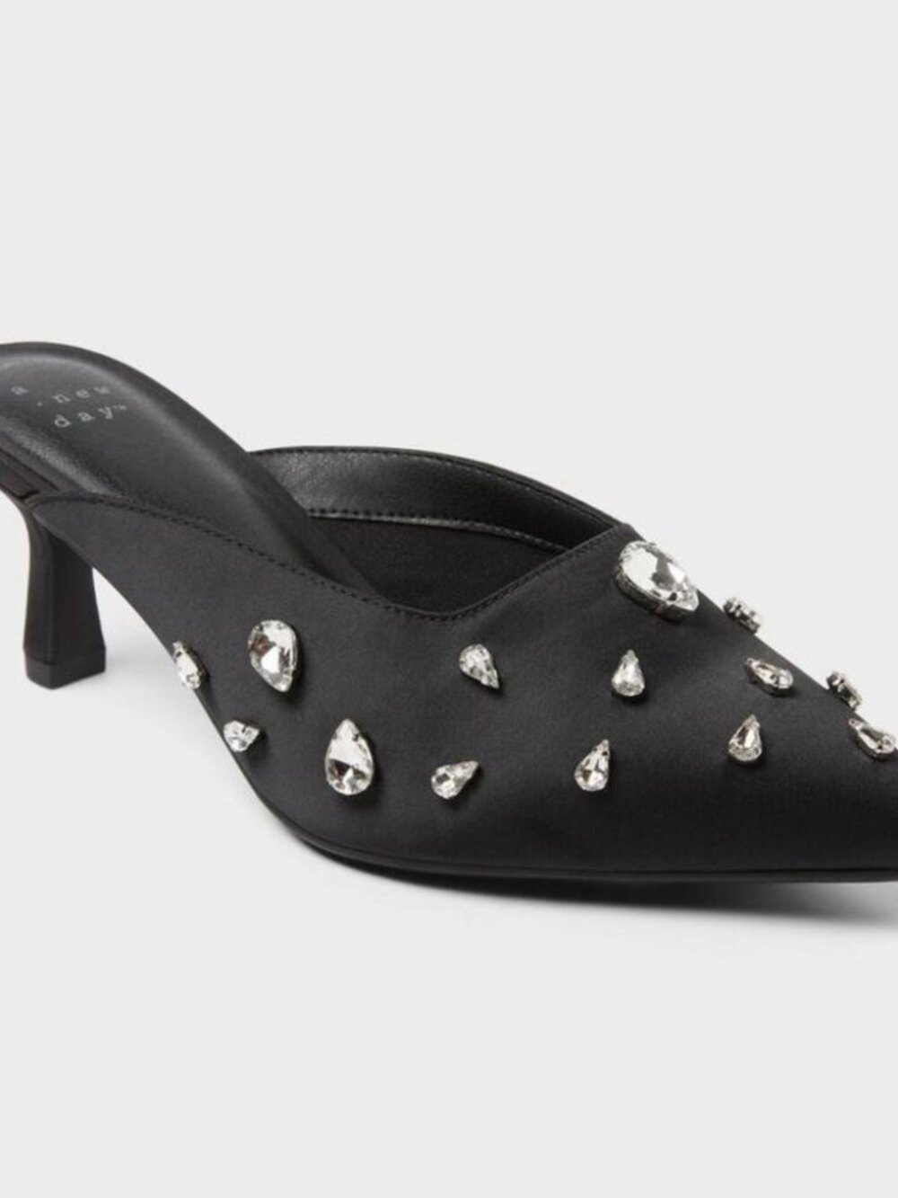 A New Day Katia Black Crystal Rhinestone Pointed Toe Mule Heels 7.5